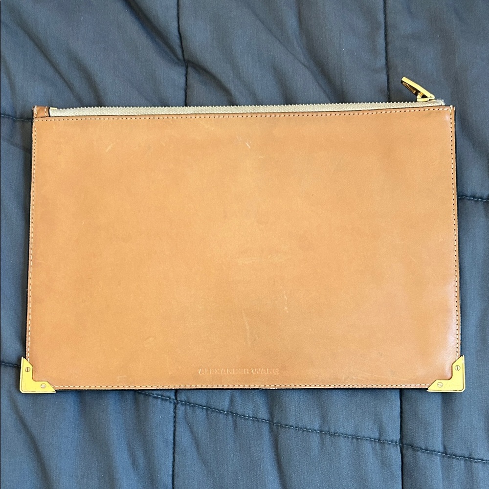 Alexander Wang Prisma Tan Leather Flat Zipper Pouch Clutch Portfolio Bag